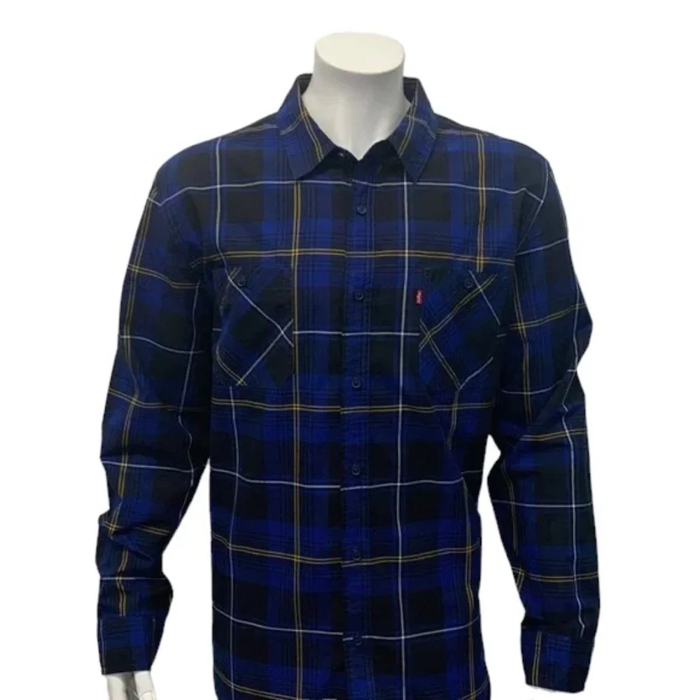 Levi's Strauss Blue Black Yellow Plaid Western Men's Long Sleeve Shirt XL EUC